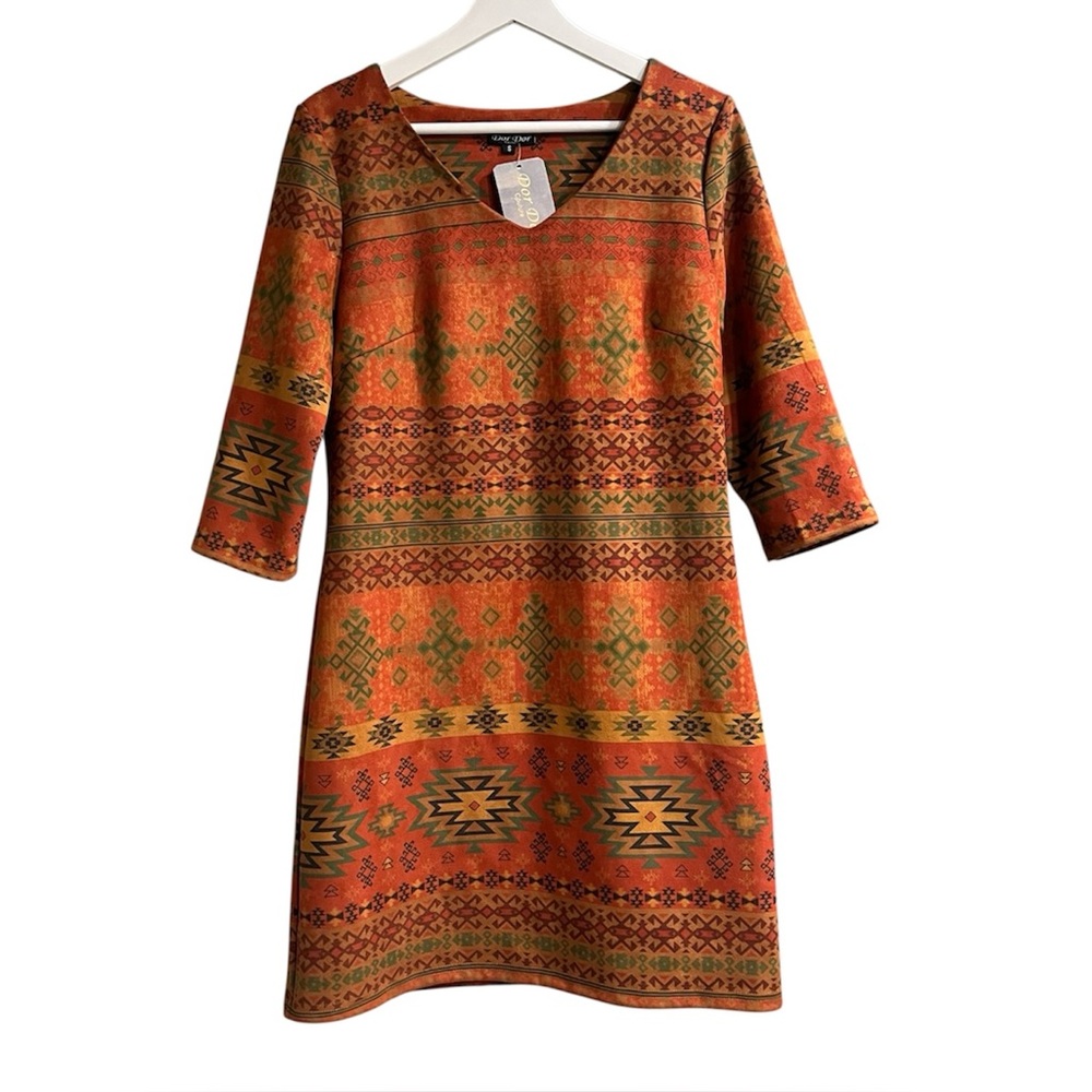 [NWT] Dor Dor Couture | Rust Southwestern Aztec Tribal Design Shift Dress Size S